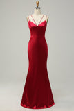 Mermaid Spaghetti Straps Burgundy Long Bridesmaid Dress with Backless