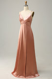 Blush Spaghetti Straps A Line Bridesmaid Dress With Slit