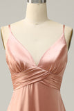 Blush Spaghetti Straps A Line Bridesmaid Dress With Slit