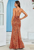 Load image into Gallery viewer, Orange Mermaid Backless Long Printed Wedding Guest Dress