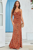 Orange Mermaid Backless Long Printed Wedding Guest Dress