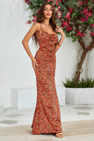 Orange Mermaid Backless Long Printed Wedding Guest Dress