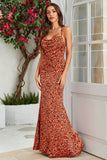 Orange Mermaid Backless Long Printed Wedding Guest Dress