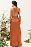 A Line Halter Neck Copper Long Bridesmaid Dress with Criss Cross Back