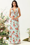 A Line Deep V Neck Green Printed Long Bridesmaid Dress