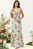 Load image into Gallery viewer, A Line Deep V Neck Green Printed Long Bridesmaid Dress