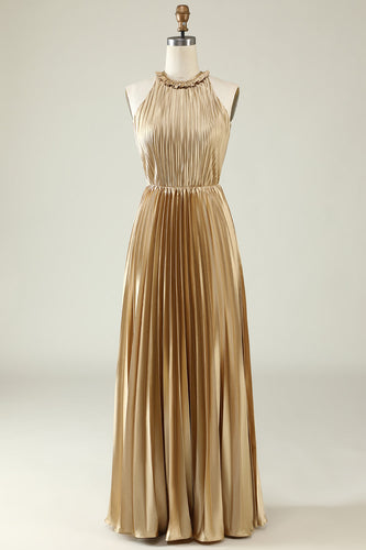 Halter Neck Golden Pleated Long Bridesmaid Dress