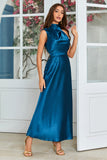 Ink Blue Round Neck Long Wedding Guest Dress