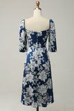 Ink Blue Floral Tea-Length Bridesmaid Dress with Sleeves