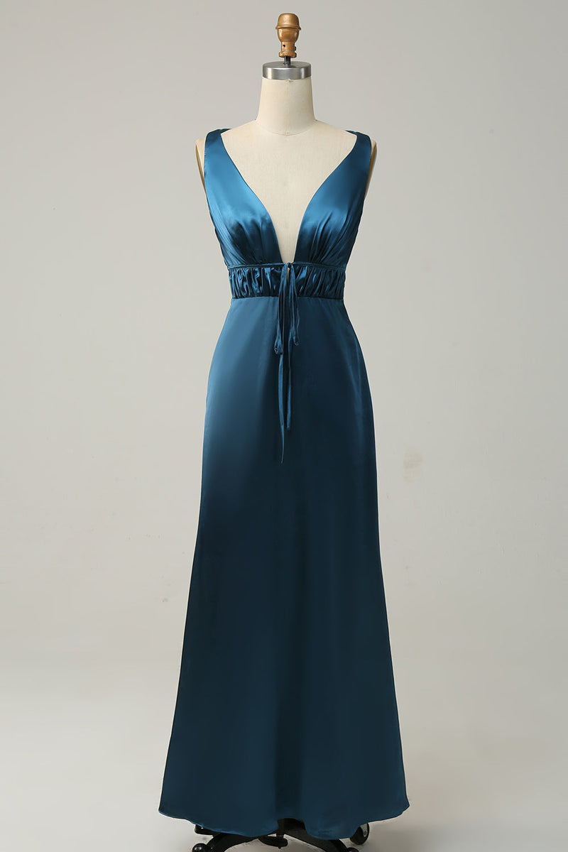 Load image into Gallery viewer, Ink Blue Satin Long Bridesmaid Dress