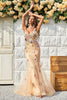 Load image into Gallery viewer, Mermaid Deep V Neck Champagne Long Prom Dress with Criss Cross Back