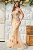 Load image into Gallery viewer, Mermaid Deep V Neck Champagne Long Prom Dress with Criss Cross Back