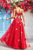 A Line Spaghetti Straps Burgundy Long Prom Dress with Appliques