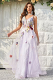 A Line Deep V Neck Lavender Long Prom Dress with Open Back