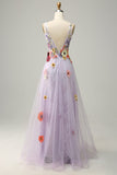 A Line Deep V Neck Lavender Long Prom Dress with Appliques