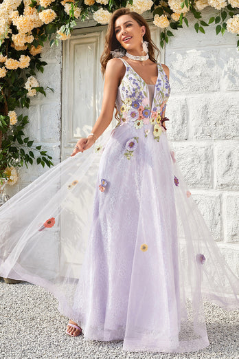 A Line Deep V Neck Lavender Long Prom Dress with Open Back