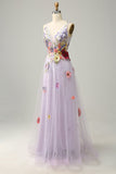 A Line Deep V Neck Lavender Long Prom Dress with Appliques