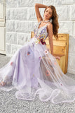 A Line Deep V Neck Lavender Long Prom Dress with Open Back