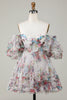 Load image into Gallery viewer, Ivory Floral Printed A-Line Puff Sleeves Short Tulle Graduation Dress