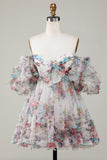 Ivory Floral Printed A-Line Puff Sleeves Short Tulle Graduation Dress