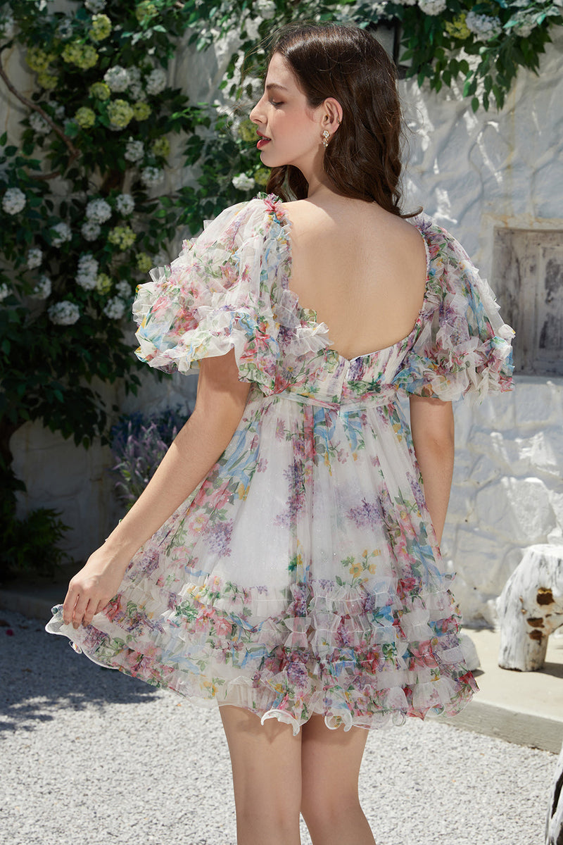 Load image into Gallery viewer, Trendy A Line Ivory Floral Printed Short Tulle Homecoming Dress with Short Sleeves