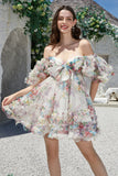 Trendy A Line Ivory Floral Printed Short Tulle Homecoming Dress with Short Sleeves