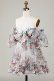 Ivory Floral Printed A-Line Puff Sleeves Short Tulle Graduation Dress