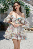 Trendy A Line Ivory Floral Printed Short Tulle Homecoming Dress with Short Sleeves