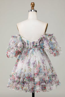 Ivory Floral Printed A-Line Puff Sleeves Short Tulle Graduation Dress