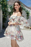 Trendy A Line Ivory Floral Printed Short Tulle Homecoming Dress with Short Sleeves