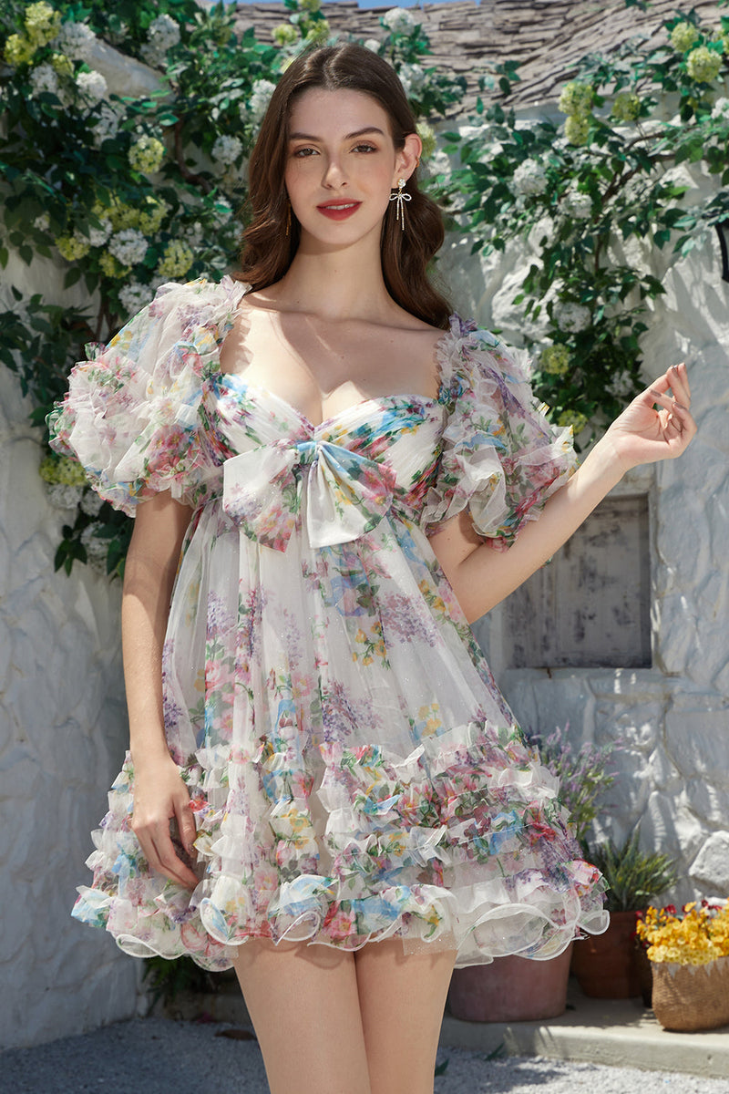 Load image into Gallery viewer, Trendy A Line Ivory Floral Printed Short Tulle Homecoming Dress with Short Sleeves