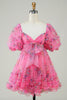 Load image into Gallery viewer, Hot Pink Printed Cute Homecoming Dress with Bow