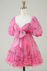 Load image into Gallery viewer, Hot Pink Printed Cute Homecoming Dress with Bow