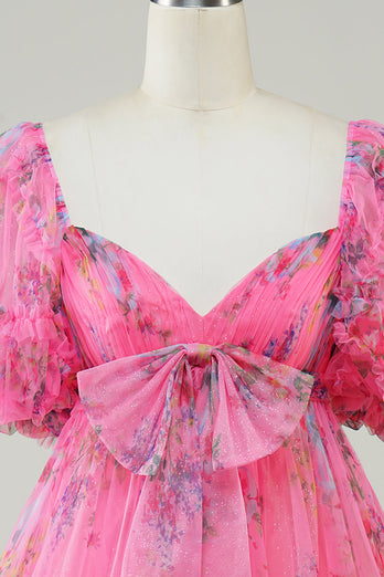 Hot Pink Printed Cute Homecoming Dress with Bow