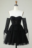 A Line Off the Shoulder Black Corset Graduation Dress with Long Sleeves