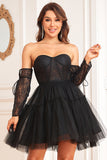 A-Line Black Corset Detachable Long Sleeves Graduation Dress