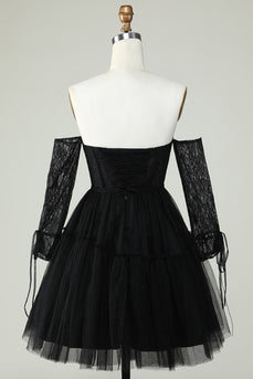 A Line Off the Shoulder Black Corset Graduation Dress with Long Sleeves