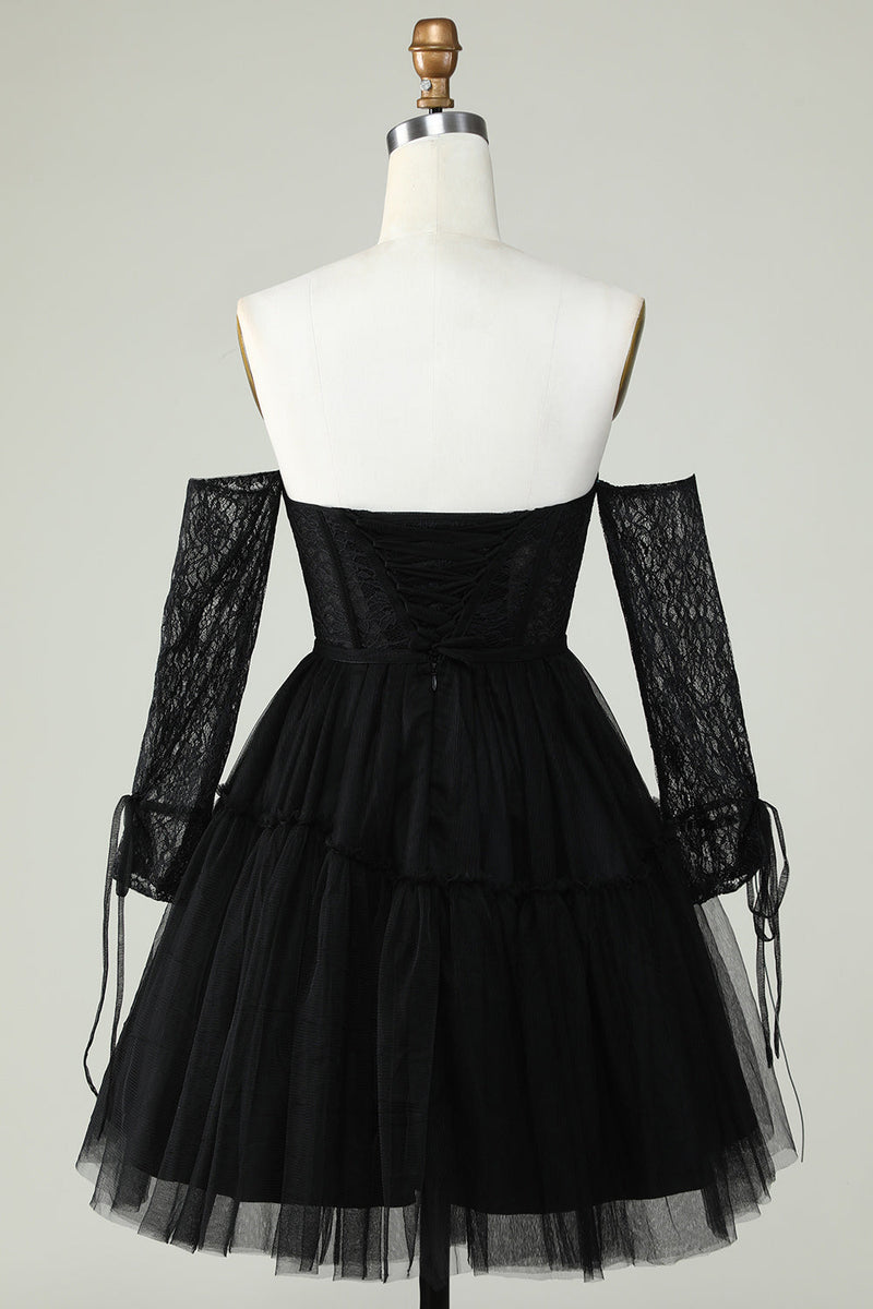 Load image into Gallery viewer, A Line Off the Shoulder Black Corset Graduation Dress with Long Sleeves