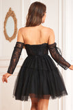 A-Line Black Corset Detachable Long Sleeves Graduation Dress