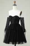 A Line Off the Shoulder Black Corset Graduation Dress with Long Sleeves