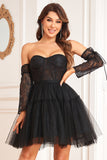 A-Line Black Corset Detachable Long Sleeves Graduation Dress