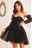 A-Line Black Corset Detachable Long Sleeves Graduation Dress