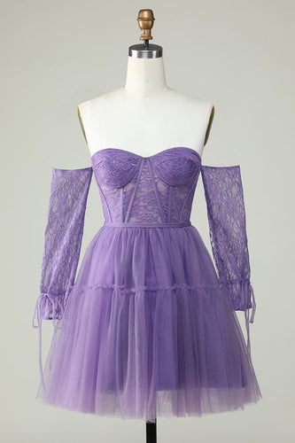 A Line Off the Shoulder Purple Corset Graduation Dress with Long Sleeves