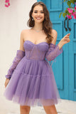 Purple Corset Detachable Long Sleeves A-Line Graduation Dress