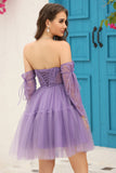 Purple Corset Detachable Long Sleeves A-Line Graduation Dress