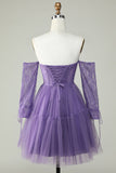 A Line Off the Shoulder Purple Corset Graduation Dress with Long Sleeves