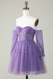 A Line Off the Shoulder Purple Corset Graduation Dress with Long Sleeves