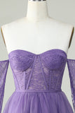 A Line Off the Shoulder Purple Corset Graduation Dress with Long Sleeves