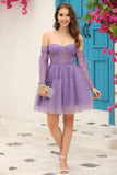 Purple Corset Detachable Long Sleeves A-Line Graduation Dress