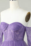 A Line Off the Shoulder Purple Corset Graduation Dress with Long Sleeves